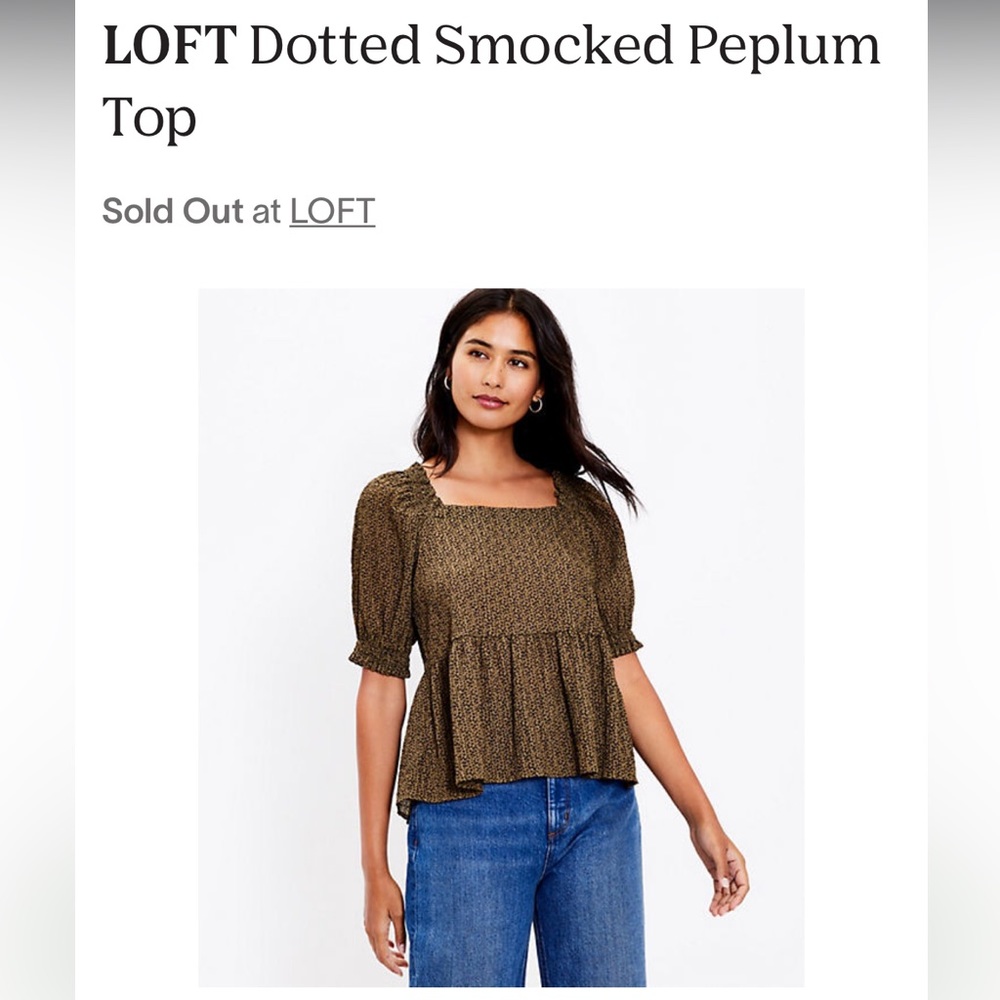 LOFT Dotted Smocked Peplum Top NWOT Olive Green Small
